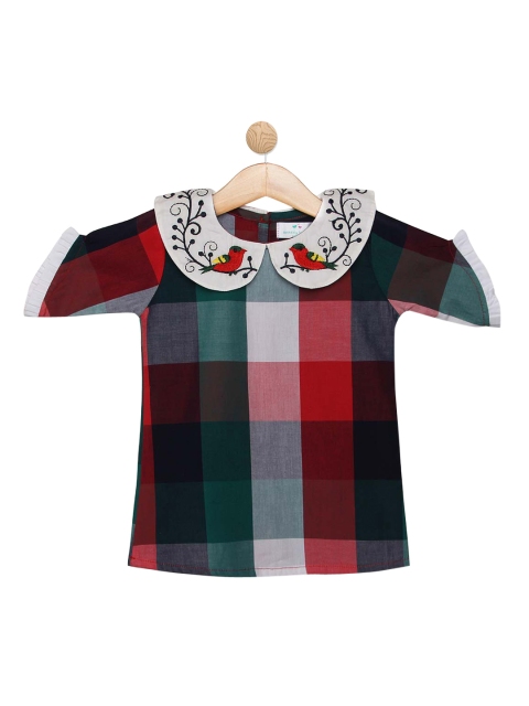 

Knitting Doodles Multicoloured Checked Peter Pan Collar Pure Cotton Regular Top, Red