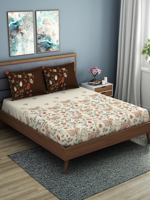 SPACES Cream-Coloured & Brown Floral 144 TC Cotton 1 King Bedsheet with 2 Pillow Covers