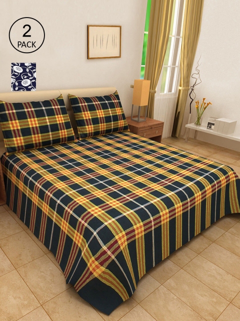 

KLOTTHE Set Of 2 Checked Double Bed Covers With 4 Pillow Covers, Navy blue