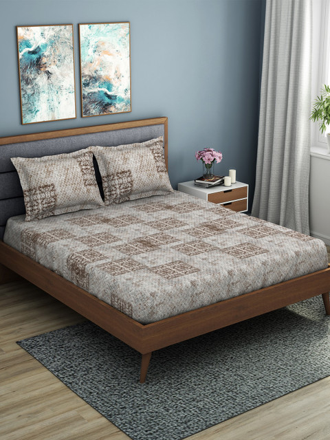 

SPACES Brown Geometric 144 TC Cotton 1 King Bedsheet with 2 Pillow Covers