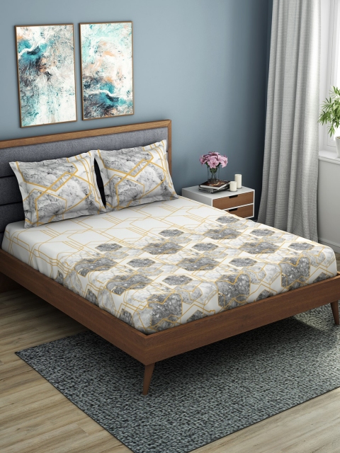 

SPACES White & Grey Geometric 210 TC Cotton 1 King Bedsheet with 2 Pillow Covers