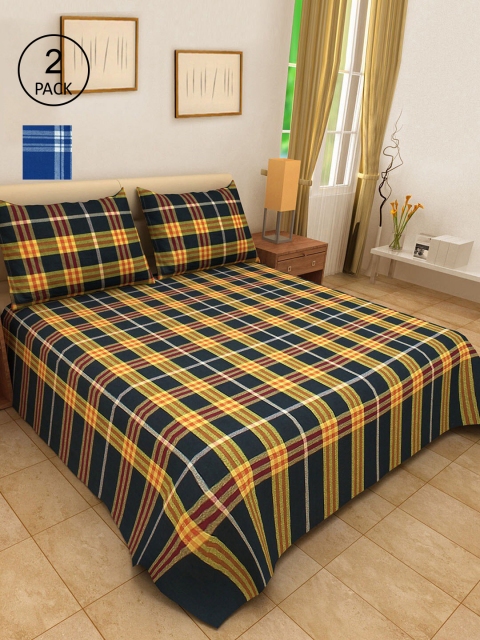 

KLOTTHE Set Of 2 Checked Double King Bed Covers With 4 Pillow Covers, Blue