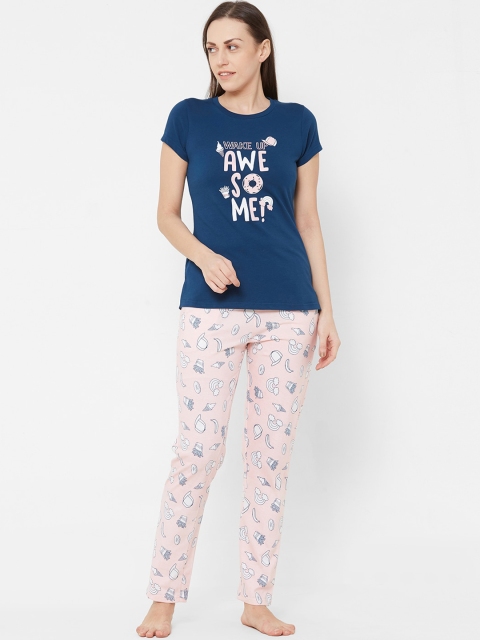 Sweet Dreams Women Navy Blue & Peach-Coloured Printed Night suit