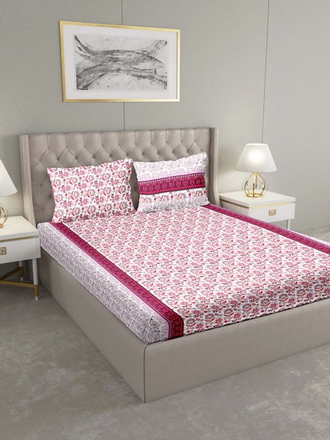 

BELLA CASA White & Pink Floral 124 TC Cotton 1 King Bedsheet with 2 Pillow Covers