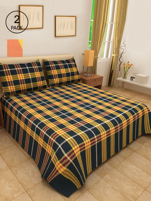 

KLOTTHE Navy Blue & Orange Set Of 2 Double King Bed Covers With 4 Pillow Covers