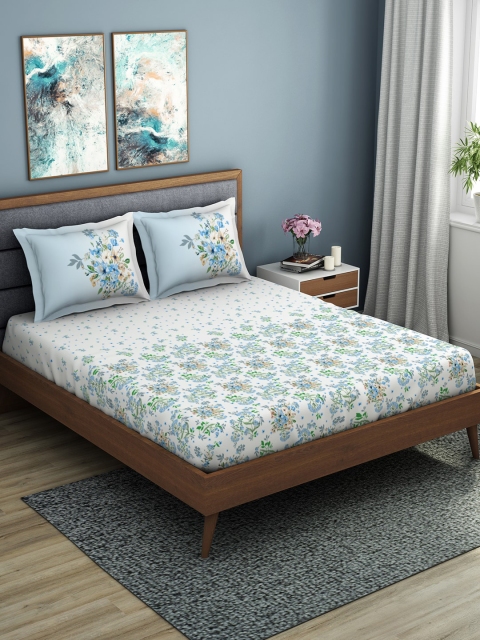 

SPACES White & Blue Floral 210 TC Cotton 1 King Bedsheet with 2 Pillow Covers