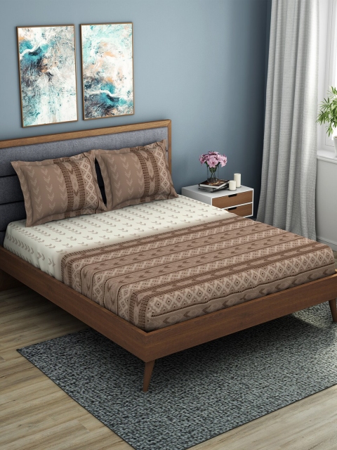 

SPACES Brown & Cream Ethnic Motifs 144 TC Cotton 1 King Bedsheet with 2 Pillow Covers