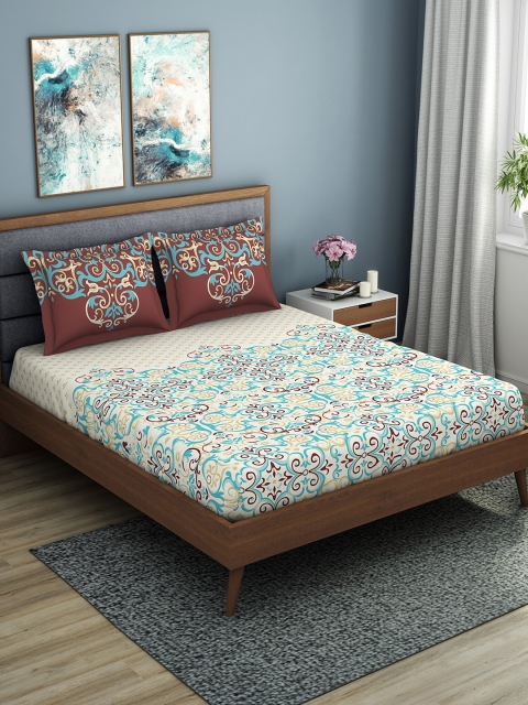 

SPACES Cream-Coloured & Brown Ethnic Motifs 144 TC Cotton 1 Queen Bedsheet with 2 Pillow Covers