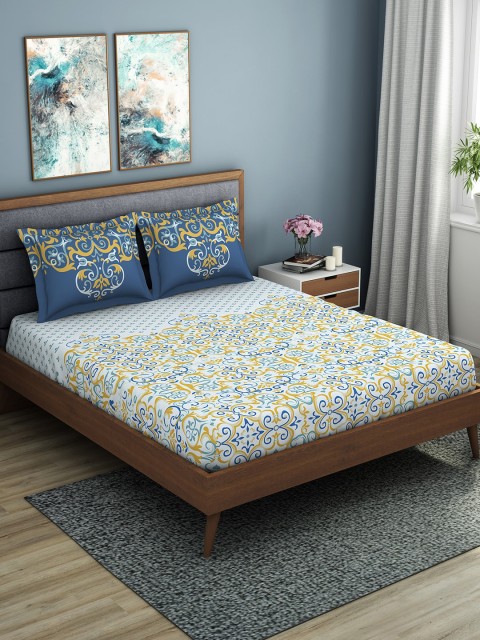 

SPACES White & Blue Ethnic Motifs 144 TC Cotton 1 Queen Bedsheet with 2 Pillow Covers