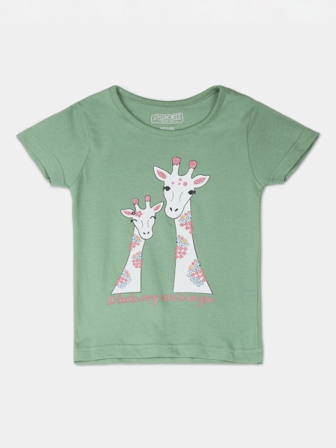 

Cherokee Girls Green Printed Round Neck T-shirt