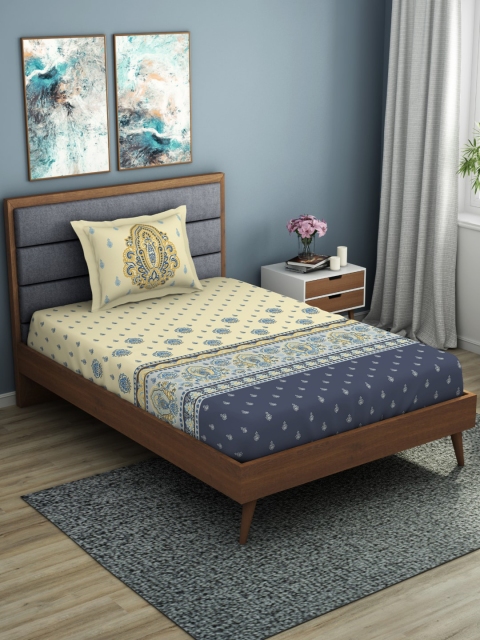 

SPACES Yellow & Blue Ethnic Motifs 144 TC Cotton 1 Single Bedsheet with 1 Pillow Covers