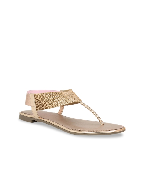 

Inc 5 Women Gold-Toned Woven Design T-Strap Flats