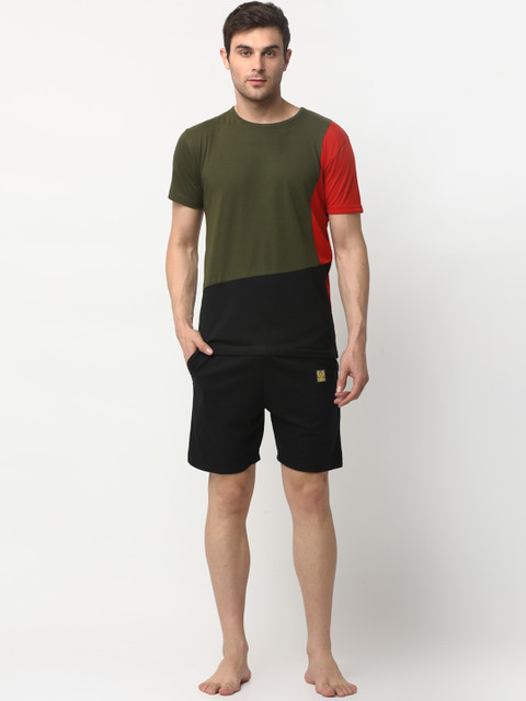 

VIMAL JONNEY Men Olive Green & Red Colourblocked Night Suit