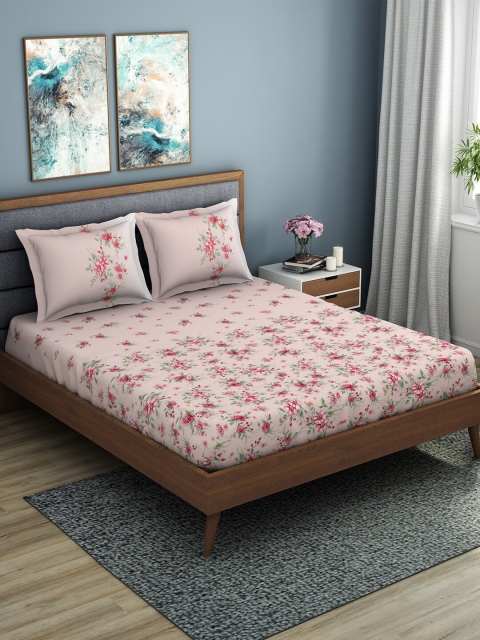 

SPACES Pink & Green Floral 144 TC Cotton 1 King Bedsheet with 2 Pillow Covers