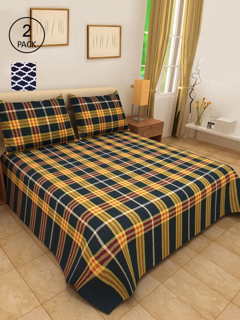 

KLOTTHE Set Of 2 Checked Double King Bed Covers With 4 Pillow Covers, Navy blue