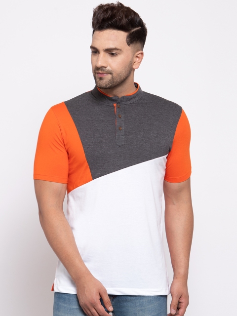 

Kalt Men Orange Colourblocked Mandarin Collar T-shirt
