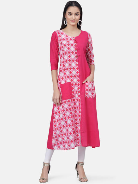 

Fashitale Women Pink & White Geometric Printed Kurta
