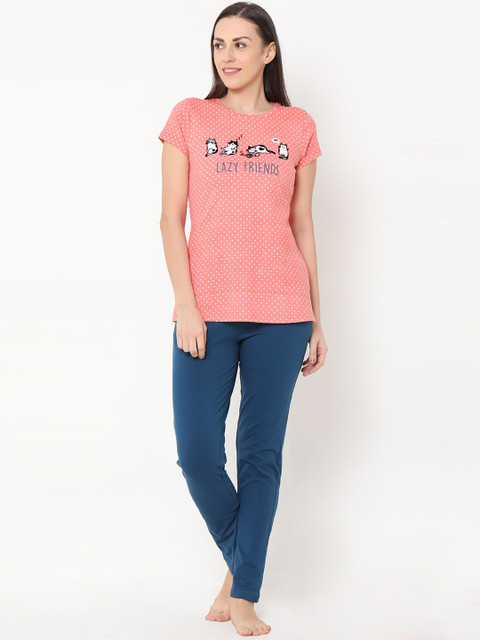 

Sweet Dreams Women Coral & Navy Blue Printed Night suit