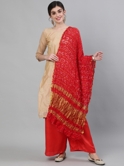

Ishin Red & Gold-Toned Woven Design Bandhani Dupatta