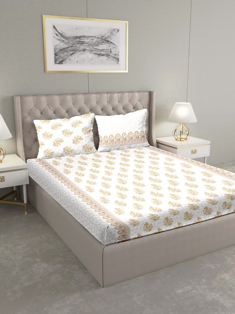 

BELLA CASA White & Beige Floral 124 TC Cotton 1 King Bedsheet with 2 Pillow Covers