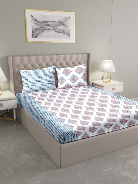

BELLA CASA White & Blue Ethnic Motifs 124 TC Cotton 1 King Bedsheet with 2 Pillow Covers