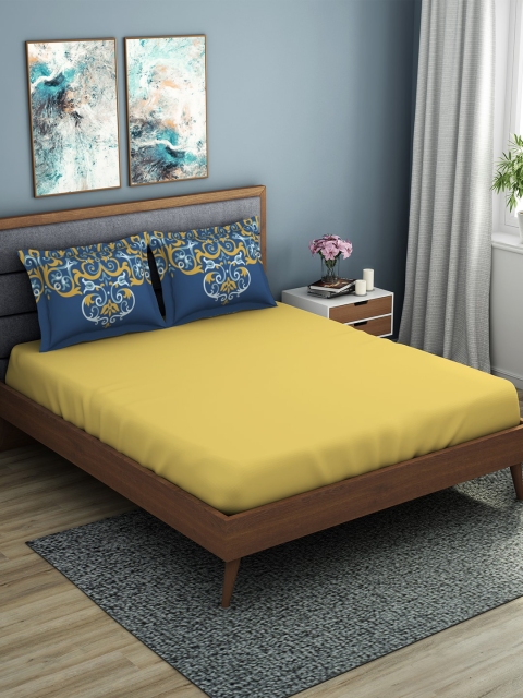 

SPACES Yellow & Blue Solid 144 TC Cotton 1 King Bedsheet with 2 Pillow Covers