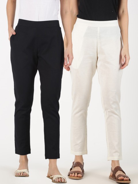 

Saffron Threads Women Black & White Pack of 2 Solid Regular Trousers