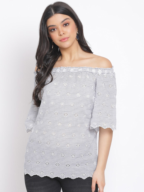 

Oxolloxo Blue & Grey Striped Off-shoulder Bardot Top