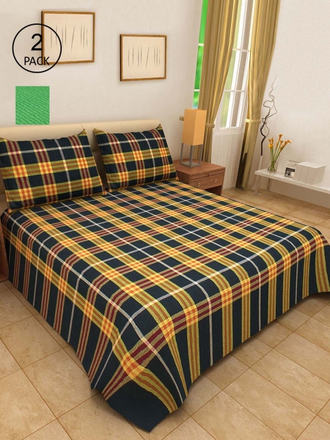 

KLOTTHE Set of 2 Checked Double King Bed Covers with 4 Pillow Covers, Green