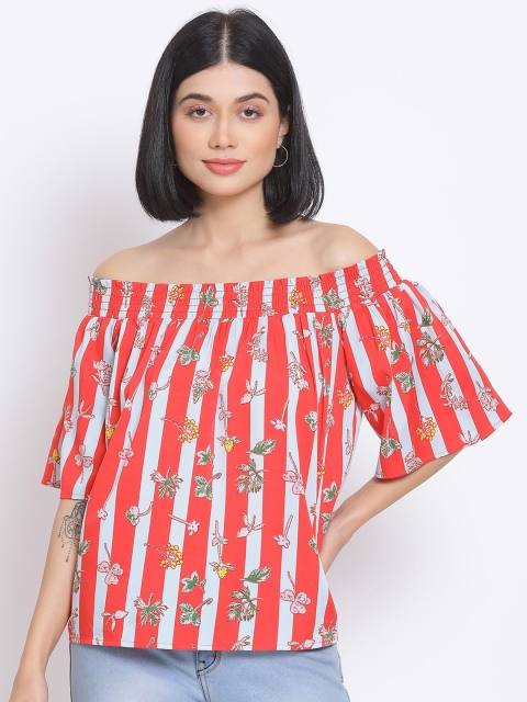

Oxolloxo Red Floral Striped Off-shoulder Bardot Top