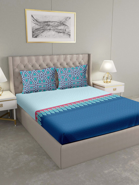 

BELLA CASA Sea Green & Blue Geometric 124 TC Cotton 1 King Bedsheet with 2 Pillow Covers