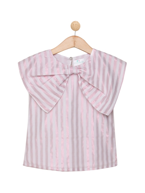 

Knitting Doodles Girls Pink & White Striped Cape Sleeves Pure Cotton Top