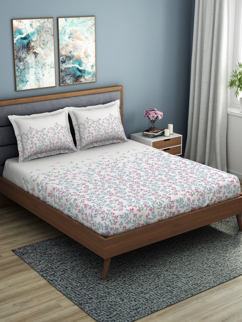 

SPACES White & Pink Floral 144 TC Cotton 1 King Bedsheet with 2 Pillow Covers