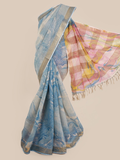 

Pothys Blue & Golden-Coloured Linen Blend Printed Saree