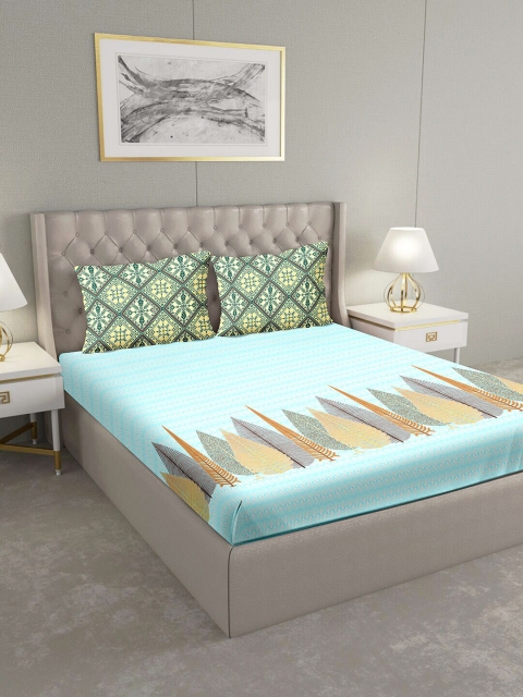 

BELLA CASA Turquoise Blue & Beige Floral 124 TC Cotton 1 King Bedsheet with 2 Pillow Covers