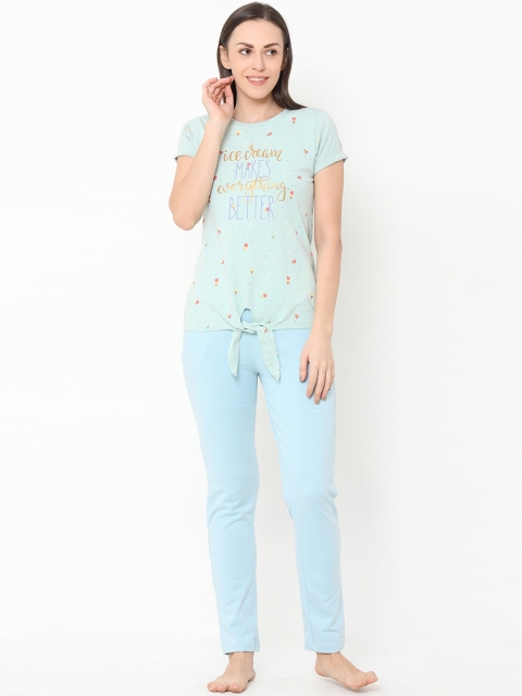 

Sweet Dreams Women Sea Green & Turquoise Blue Printed Night Suit