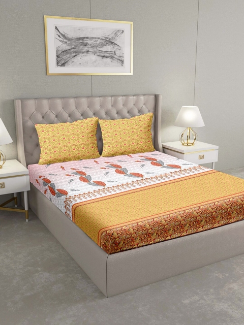 

BELLA CASA Yellow & Pink Ethnic Motifs 124 TC Cotton 1 King Bedsheet with 2 Pillow Covers