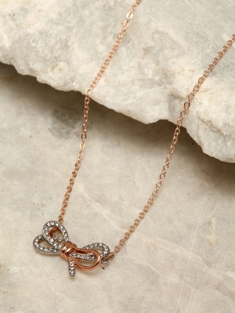 

Ferosh Rose Gold-Toned Stoned Studded Bow-Shaped Pendant With Chain