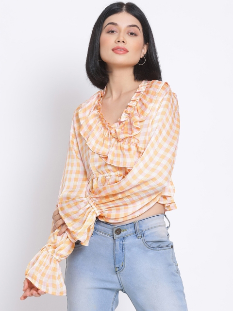 

Oxolloxo Orange & White Checked Puff Sleeves Wrap Crop Top