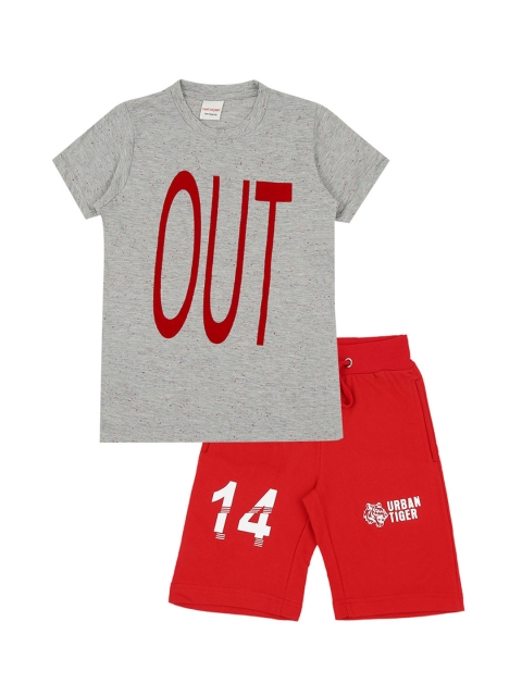 

RAINE AND JAINE Boys Grey Melange & Red Printed T-shirt with Shorts
