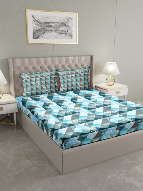 

BELLA CASA Blue & Grey Geometric 124 TC Cotton 1 King Bedsheet with 2 Pillow Covers