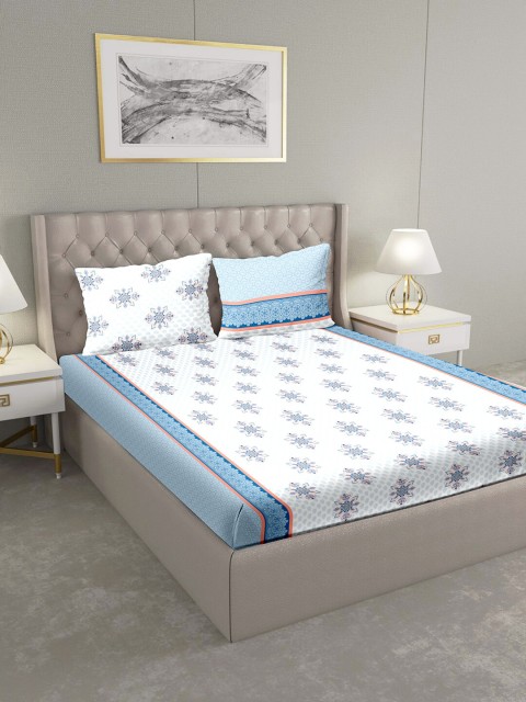 

BELLA CASA White & Blue Ethnic Motifs 124 TC Cotton 1 King Bedsheet with 2 Pillow Covers