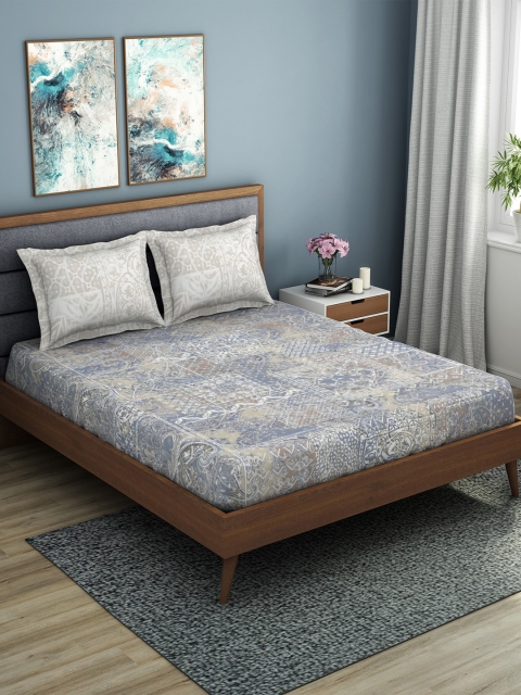 

SPACES Solesto Hygro Grey & Beige Abstract 210 TC Cotton 1 King Bedsheet with 2 Pillow Covers