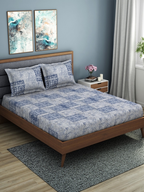 

SPACES Grey & Blue Geometric 144 TC Cotton 1 King Bedsheet with 2 Pillow Covers