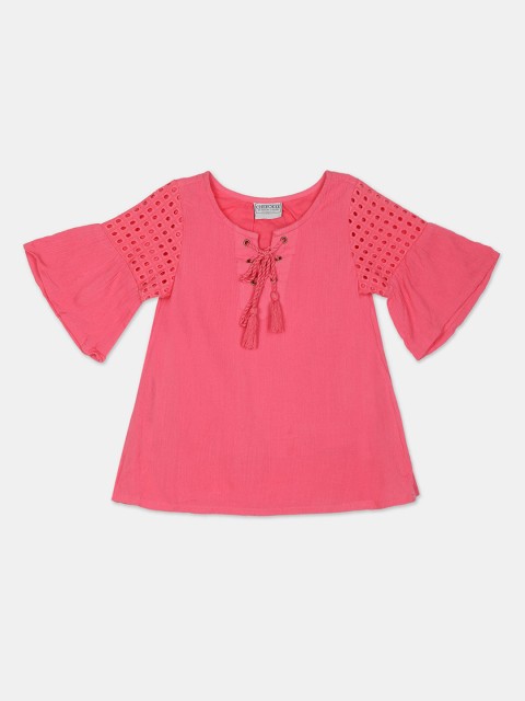 

Cherokee Pink Tie-up Neck Bell Sleeves A-line Top