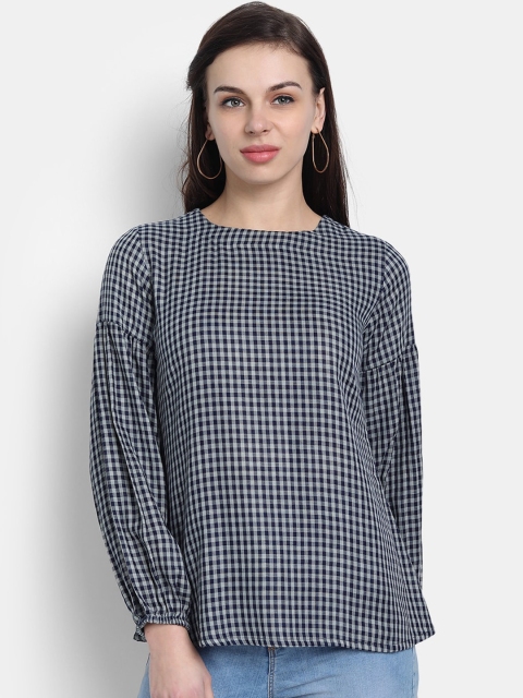 

Fabglobal Navy Blue Checked Puff Sleeves Regular Top