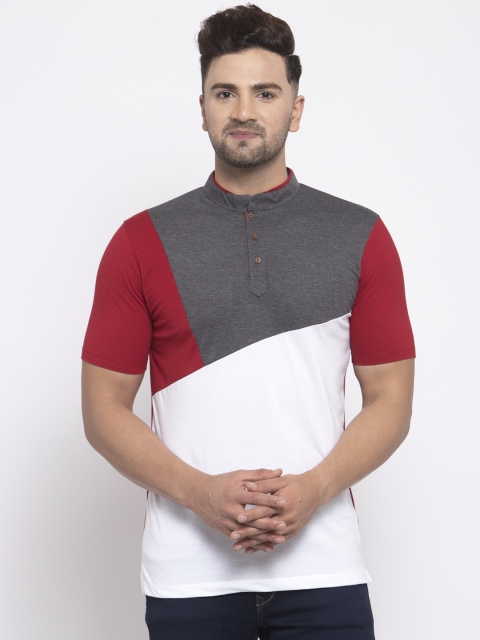 

Kalt Men Red & White Colourblocked Mandarin Collar T-shirt