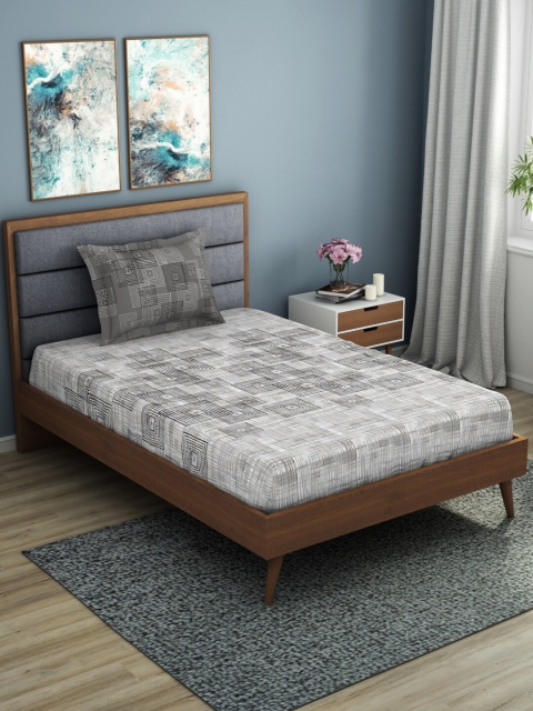 

SPACES Grey & Black Geometric 144 TC Cotton 1 Single Bedsheet with 1 Pillow Covers