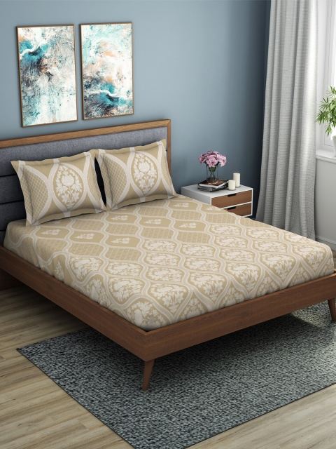

SPACES Beige & White Ethnic Motifs 144 TC Cotton 1 King Bedsheet with 2 Pillow Covers