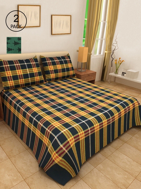 

KLOTTHE Set Of 2 Checked Double King Bed Covers With 4 Pillow Covers, Navy blue